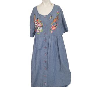 Go Softly Patio XL Dress embroidered flower birds chambray button pleated pocket